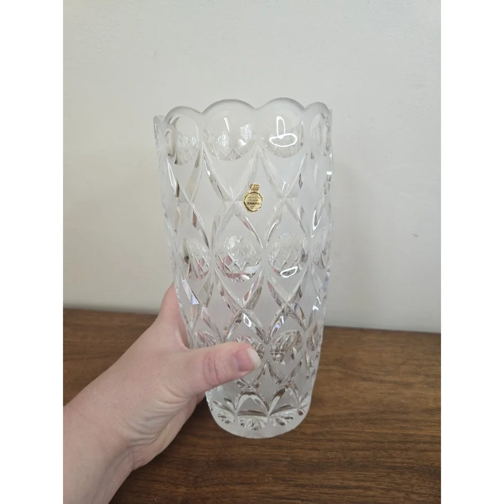 Vintage West Germany Crystal Vase 24% Lead Bavaria Scalloped Diamond Cut Clear